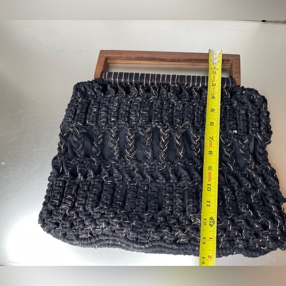 New! CLEOBELLA Wooden Handles Cotton Crochet Macrame Tote Top Handle Bag Black - Picture 7 of 8